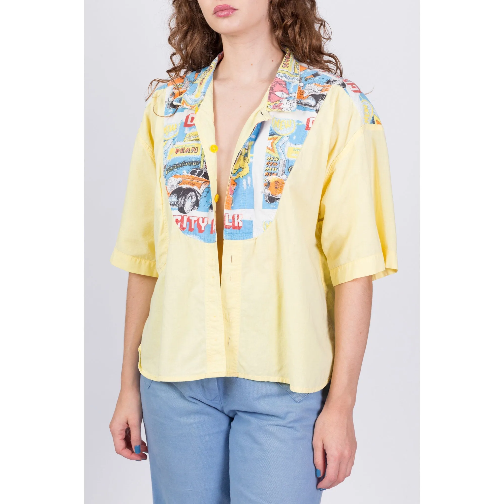 80s Yellow Oversized Button Up Streetwear Shirt - Men's Medium, Women's Large to XL