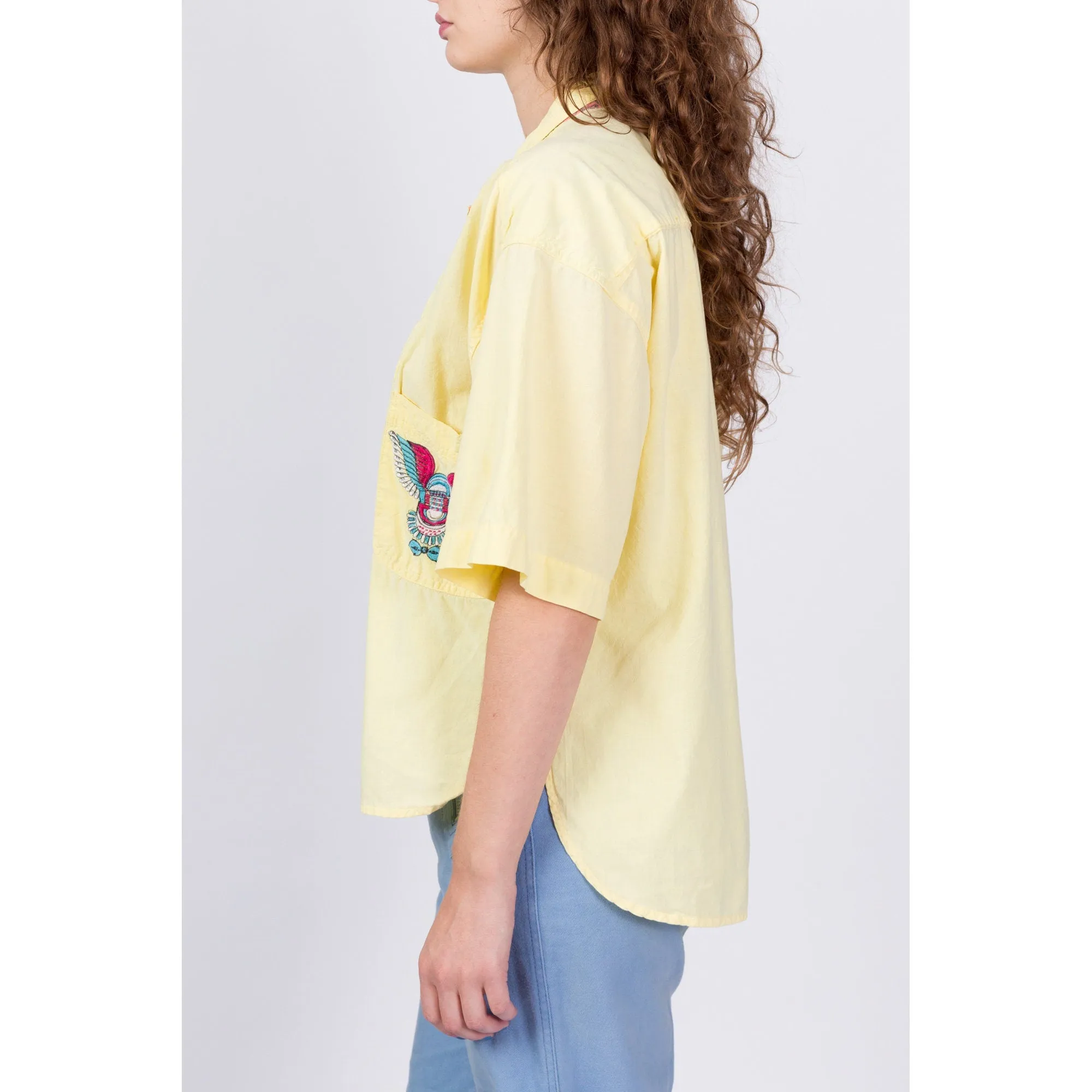 80s Yellow Oversized Button Up Streetwear Shirt - Men's Medium, Women's Large to XL