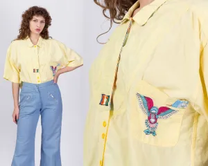 80s Yellow Oversized Button Up Streetwear Shirt - Men's Medium, Women's Large to XL