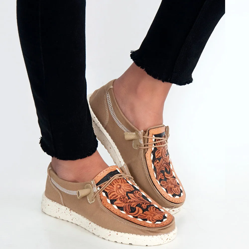 American Darling ADFT133BR13 Hand tooled carved genuine leather trim lightweight shoe footwear slip on