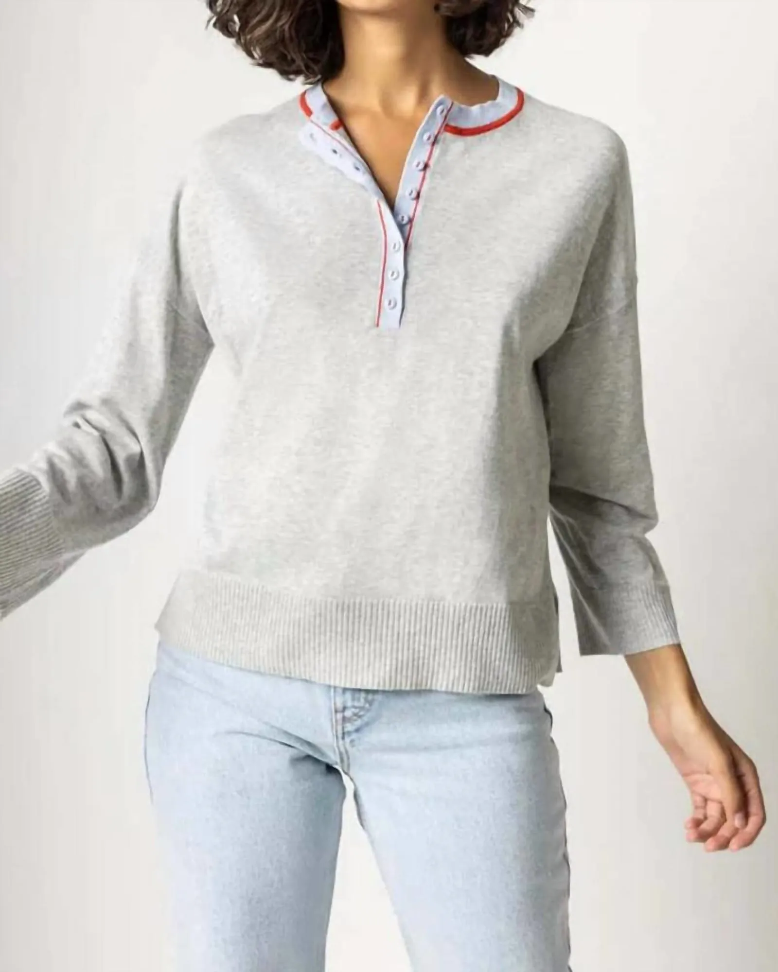 Contrast Trim Henley Sweater in Heather Grey | Heather Grey