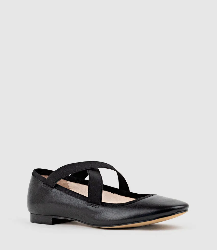 FELICITY Elastic Cross Strap Ballet in Black Calf