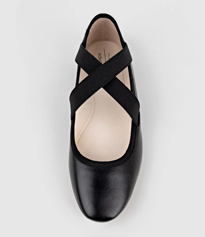 FELICITY Elastic Cross Strap Ballet in Black Calf