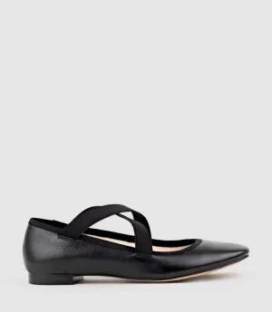 FELICITY Elastic Cross Strap Ballet in Black Calf