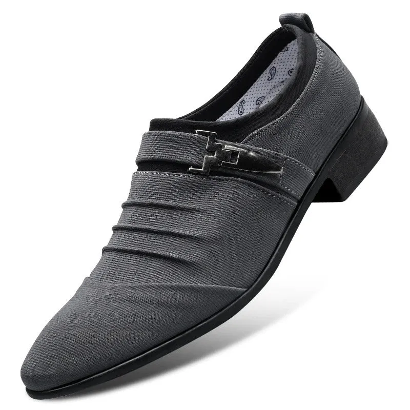 Genuine Leather Pointed Toe Canvas Dress Shoes - Men Slip On Formal Shoes