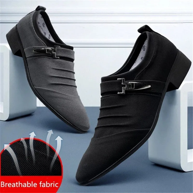 Genuine Leather Pointed Toe Canvas Dress Shoes - Men Slip On Formal Shoes