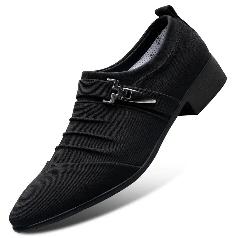 Genuine Leather Pointed Toe Canvas Dress Shoes - Men Slip On Formal Shoes