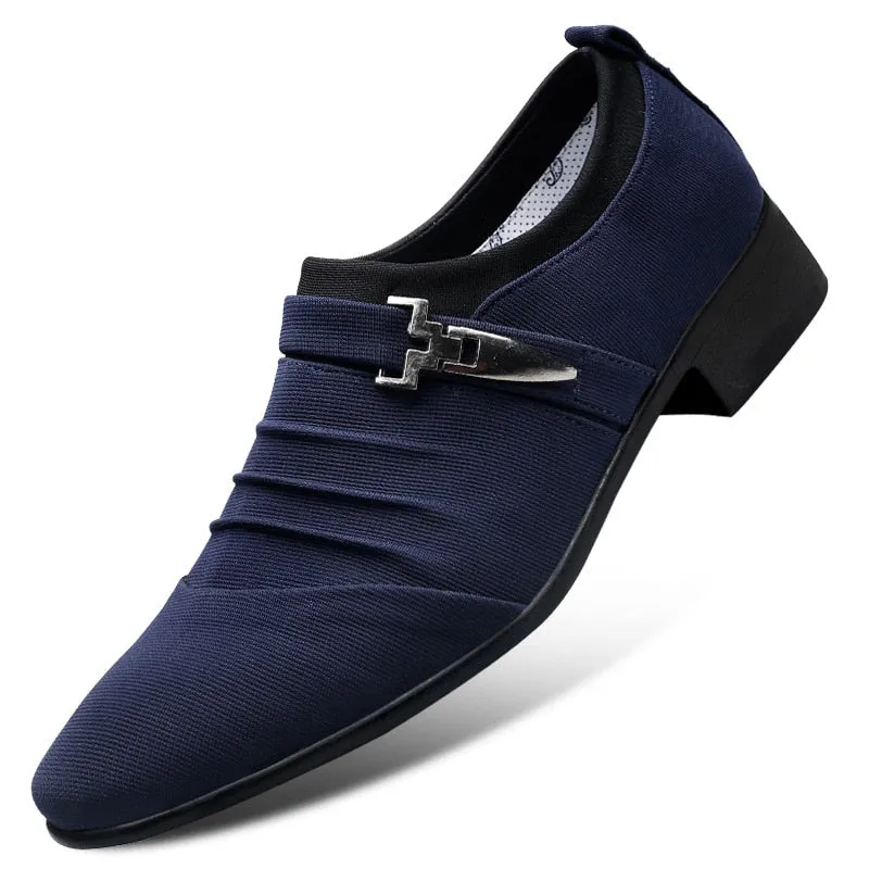 Genuine Leather Pointed Toe Canvas Dress Shoes - Men Slip On Formal Shoes