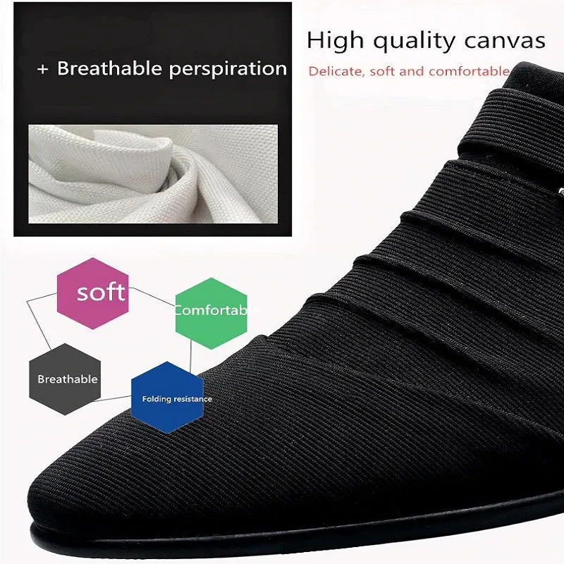 Genuine Leather Pointed Toe Canvas Dress Shoes - Men Slip On Formal Shoes