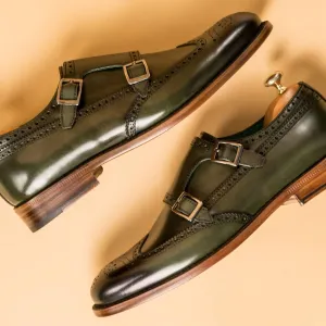 Height Increasing Green Leather Arbon Brogue Toe Cap Double Monk Straps