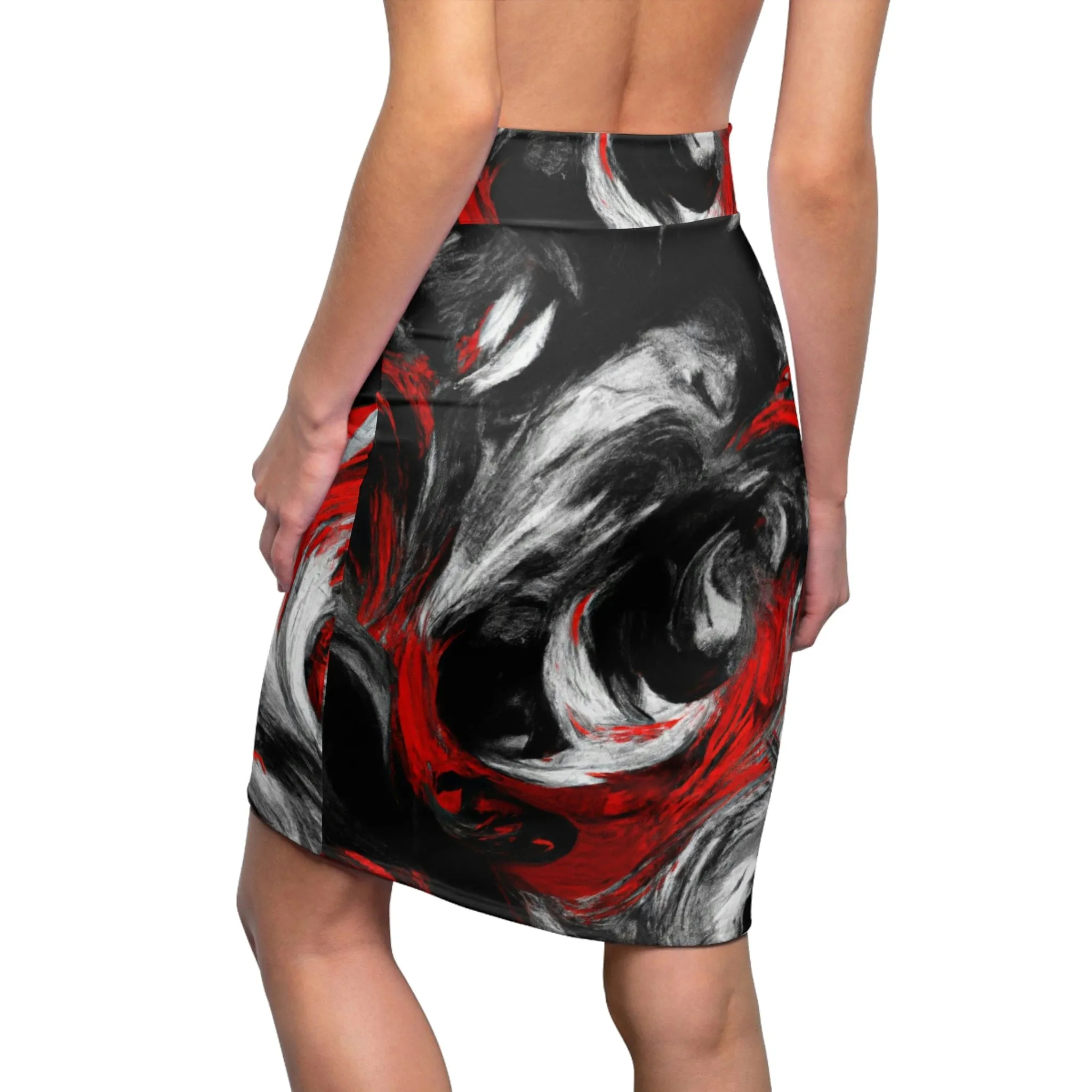 High Waist Womens Pencil Skirt - Contour Stretch - Decorative Black Red White Abstract Seamless Pattern by inQue.Style