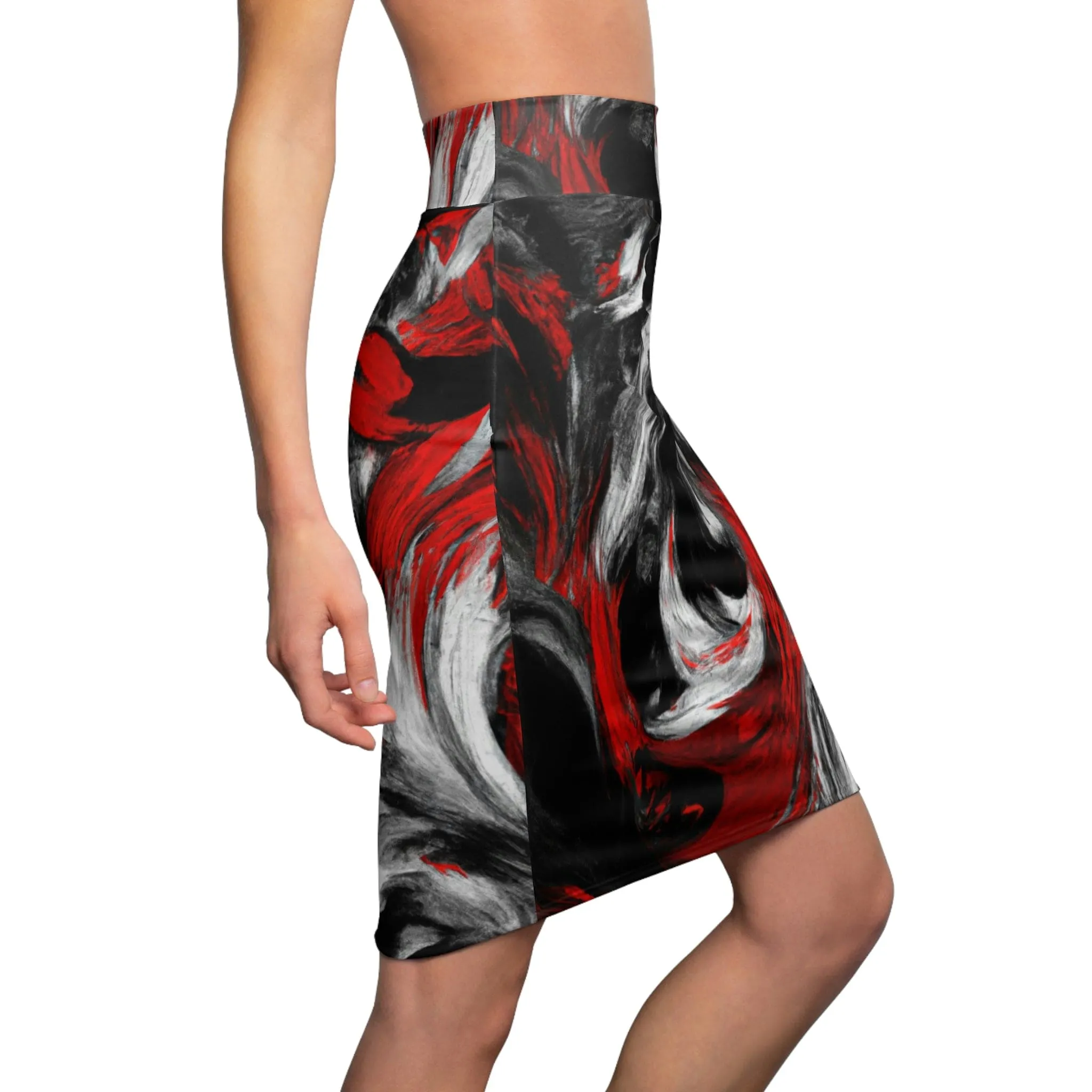 High Waist Womens Pencil Skirt - Contour Stretch - Decorative Black Red White Abstract Seamless Pattern by inQue.Style