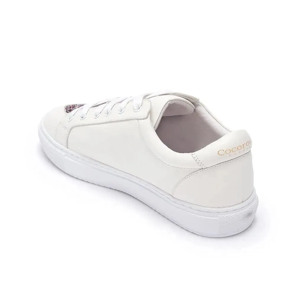 Hoxton - White with Glitter Heart Leather Trainers