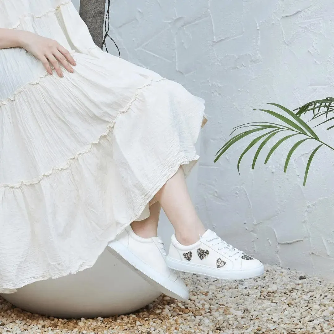 Hoxton - White with Glitter Heart Leather Trainers