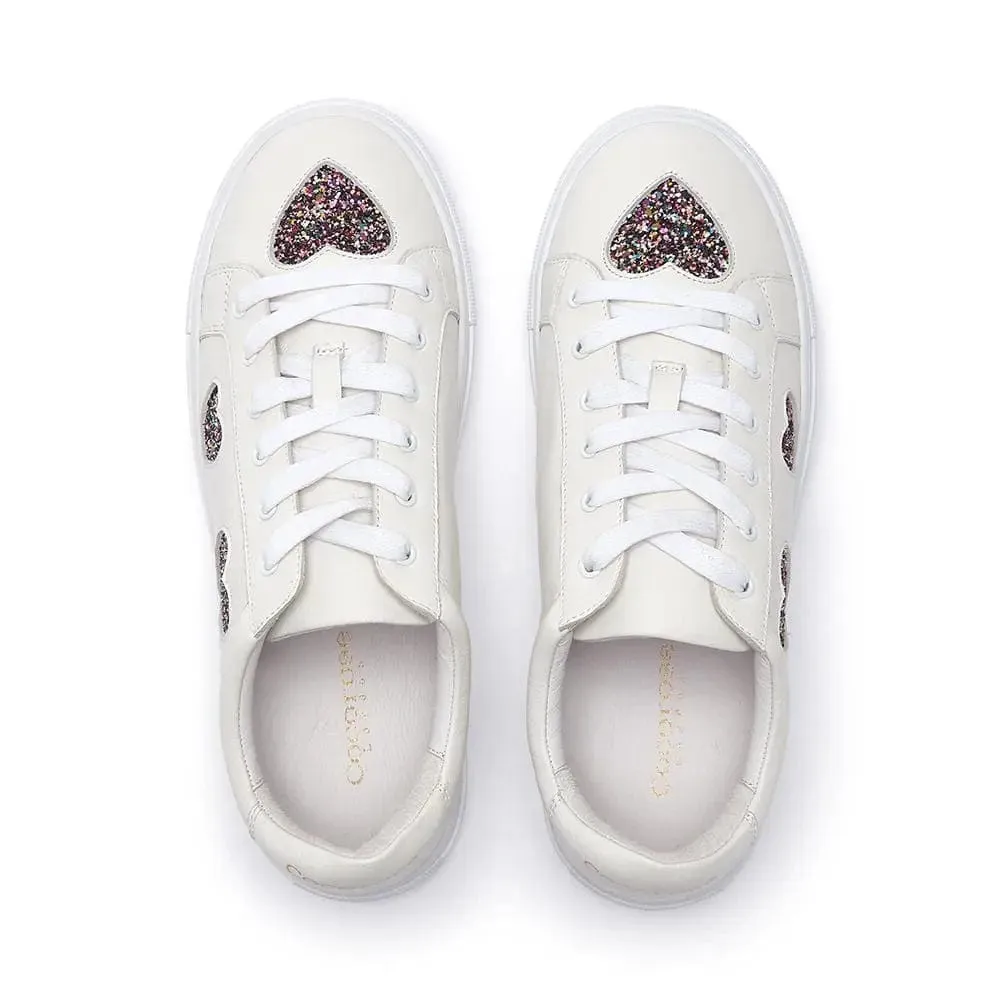 Hoxton - White with Glitter Heart Leather Trainers