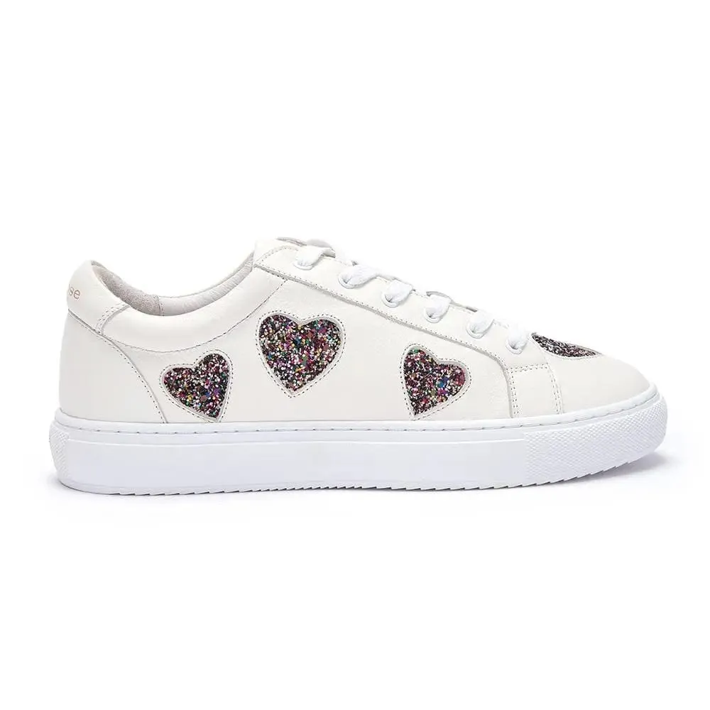 Hoxton - White with Glitter Heart Leather Trainers