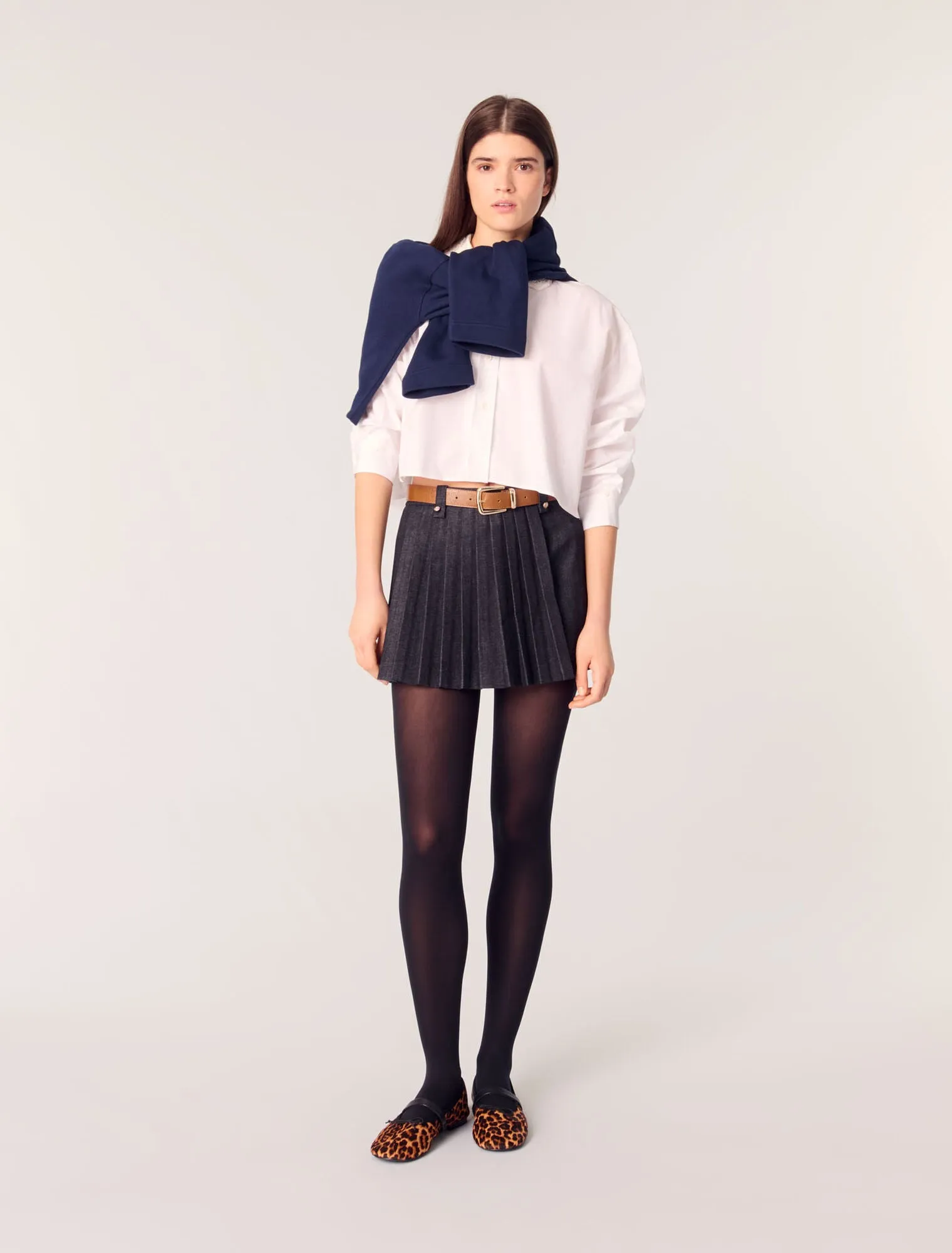 Layered-effect pleated denim shorts