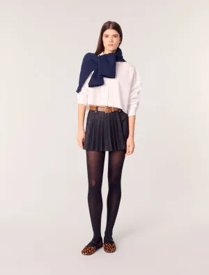 Layered-effect pleated denim shorts