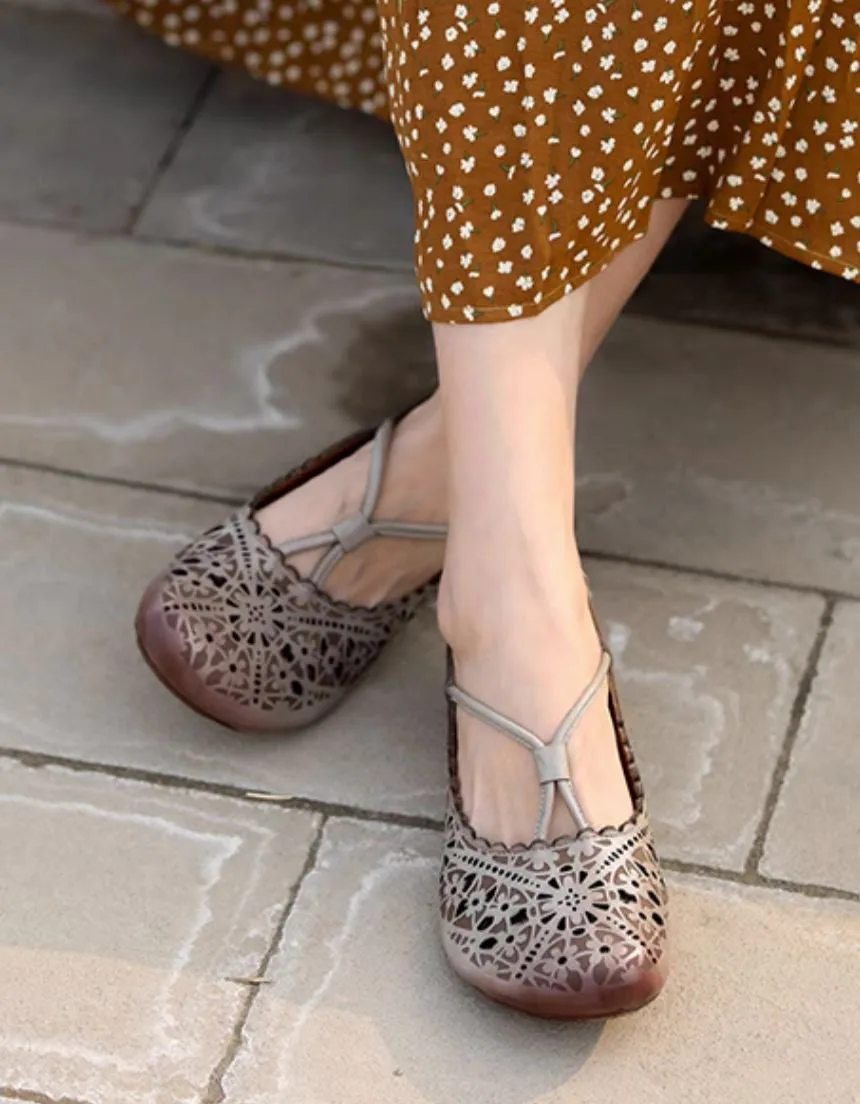 Real Leather Hand-carved Hollow Retro Flat Shoes