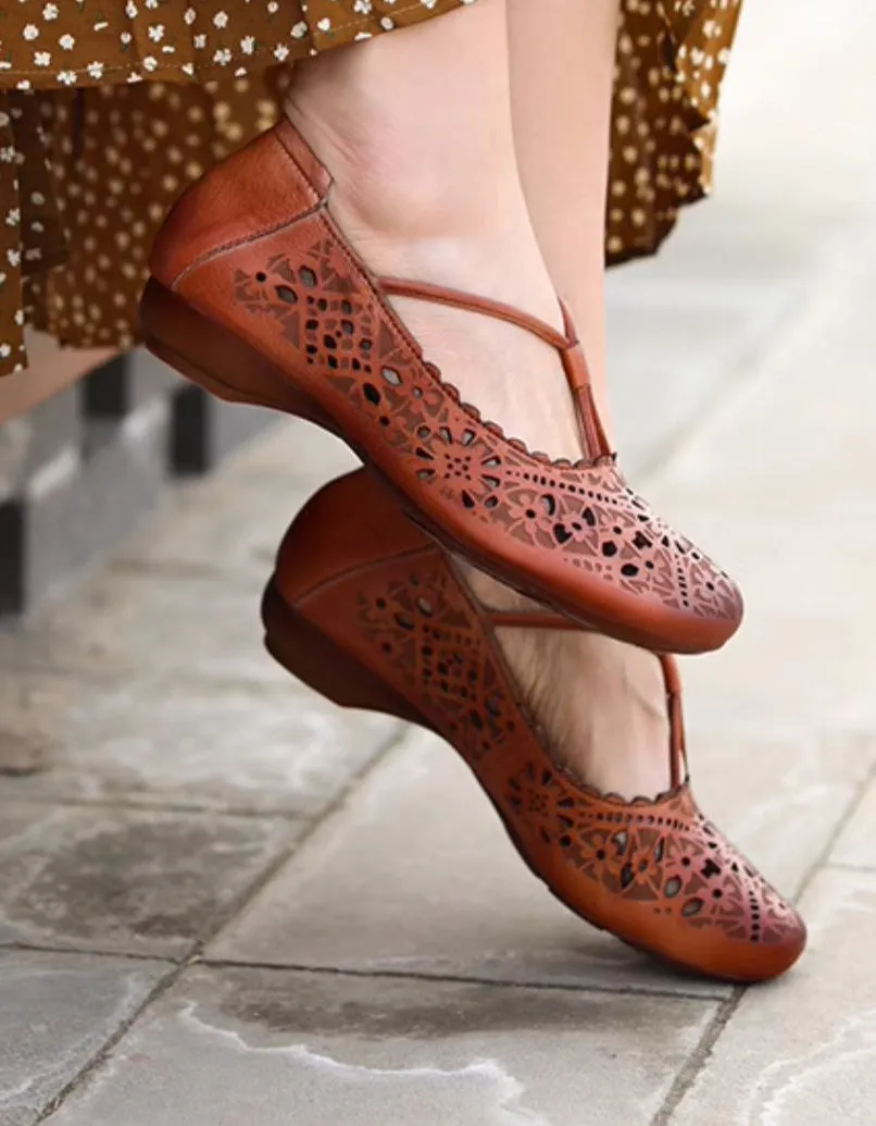Real Leather Hand-carved Hollow Retro Flat Shoes