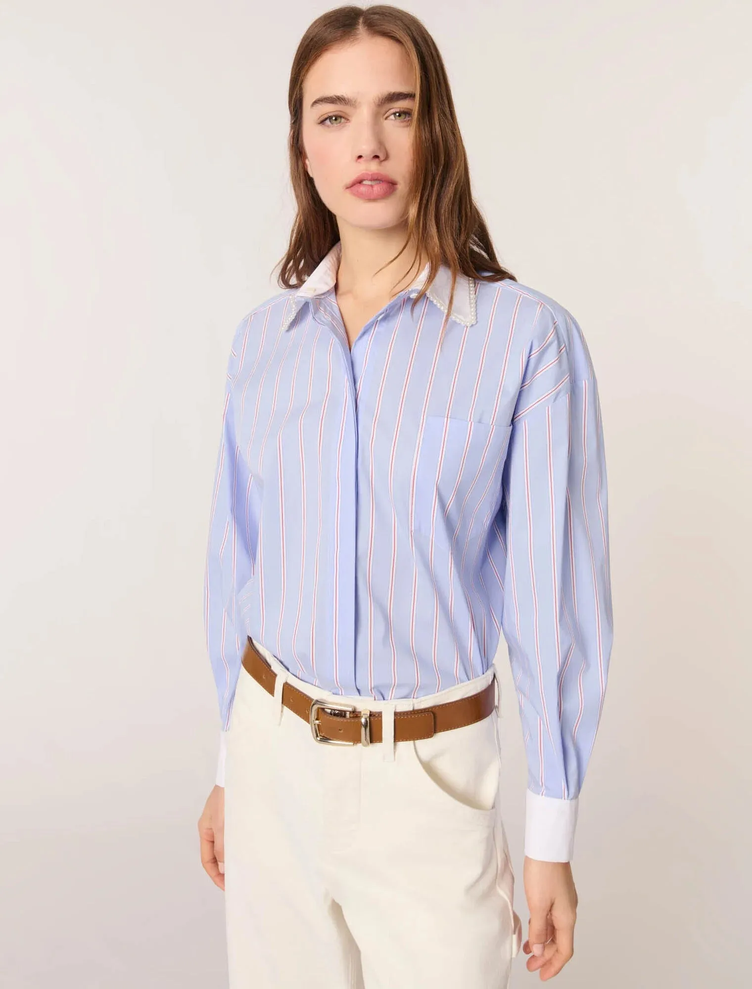 Striped shirt with beaded collar